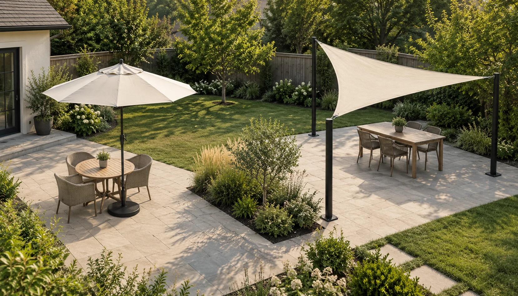A patio umbrella with a visible weighted base and a separate triangular shade sail on three posts cover two small dining groups in the same garden.