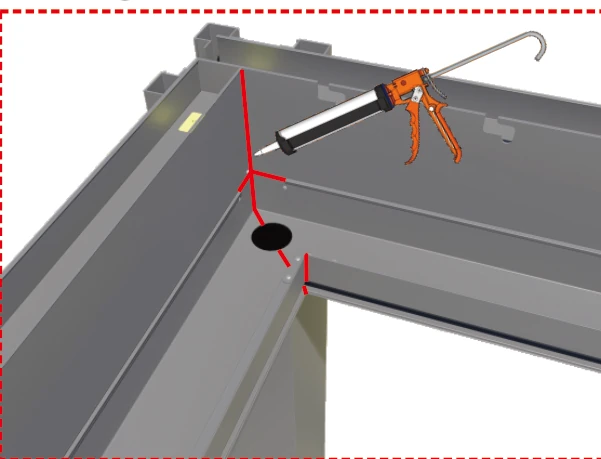 Manual illustration of an internal gutter corner, a round outlet and sealant application lines.
