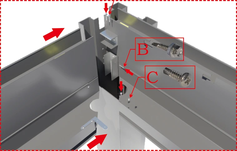 Manual illustration of a beam-to-post corner with connection plates, screws and red assembly arrows.