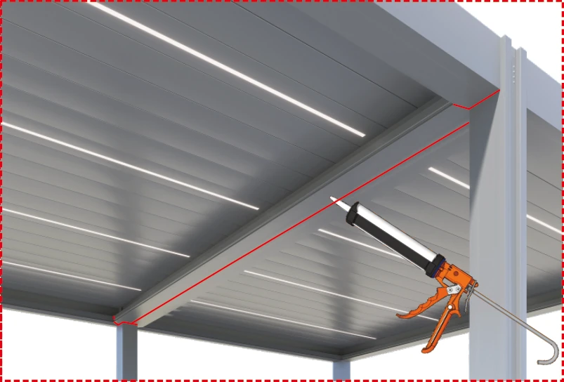 Manual illustration of two roof bays meeting a central beam, with a red sealant path underneath.