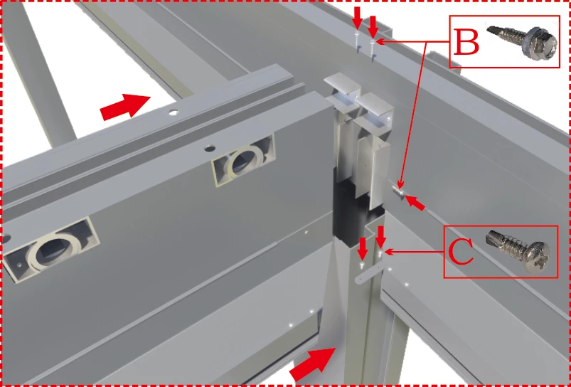 Manual illustration of a main beam connection with internal channels and labelled fasteners.