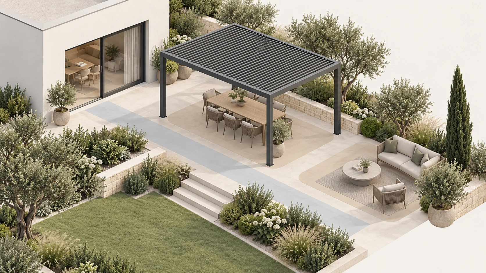 Garden terrace design: dining, lounge and circulation zones.