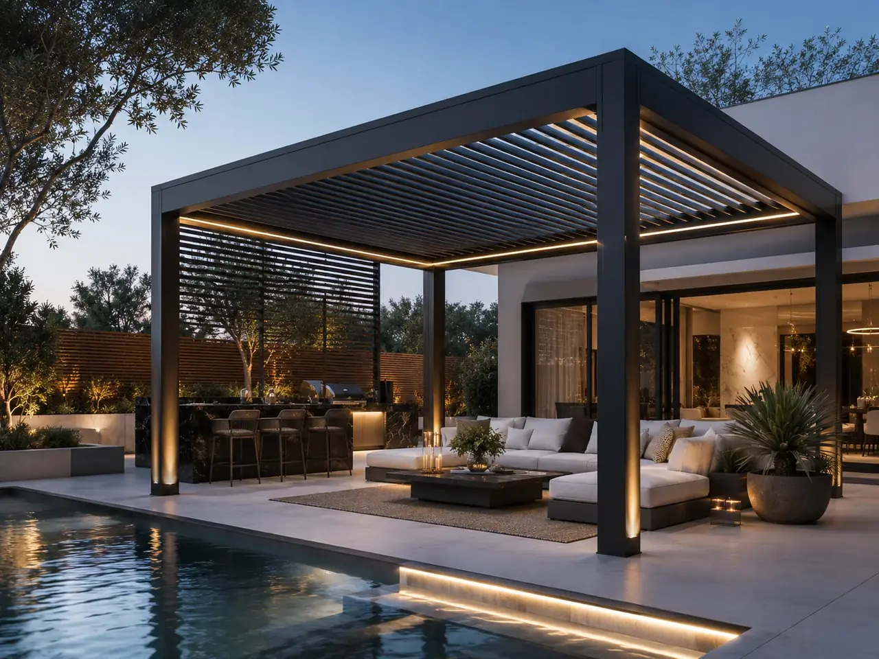 'n Deurdag ingerigte tuinterras met 'n aluminiumpergola