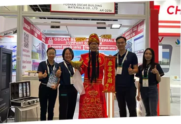 A group gathering at the display stand