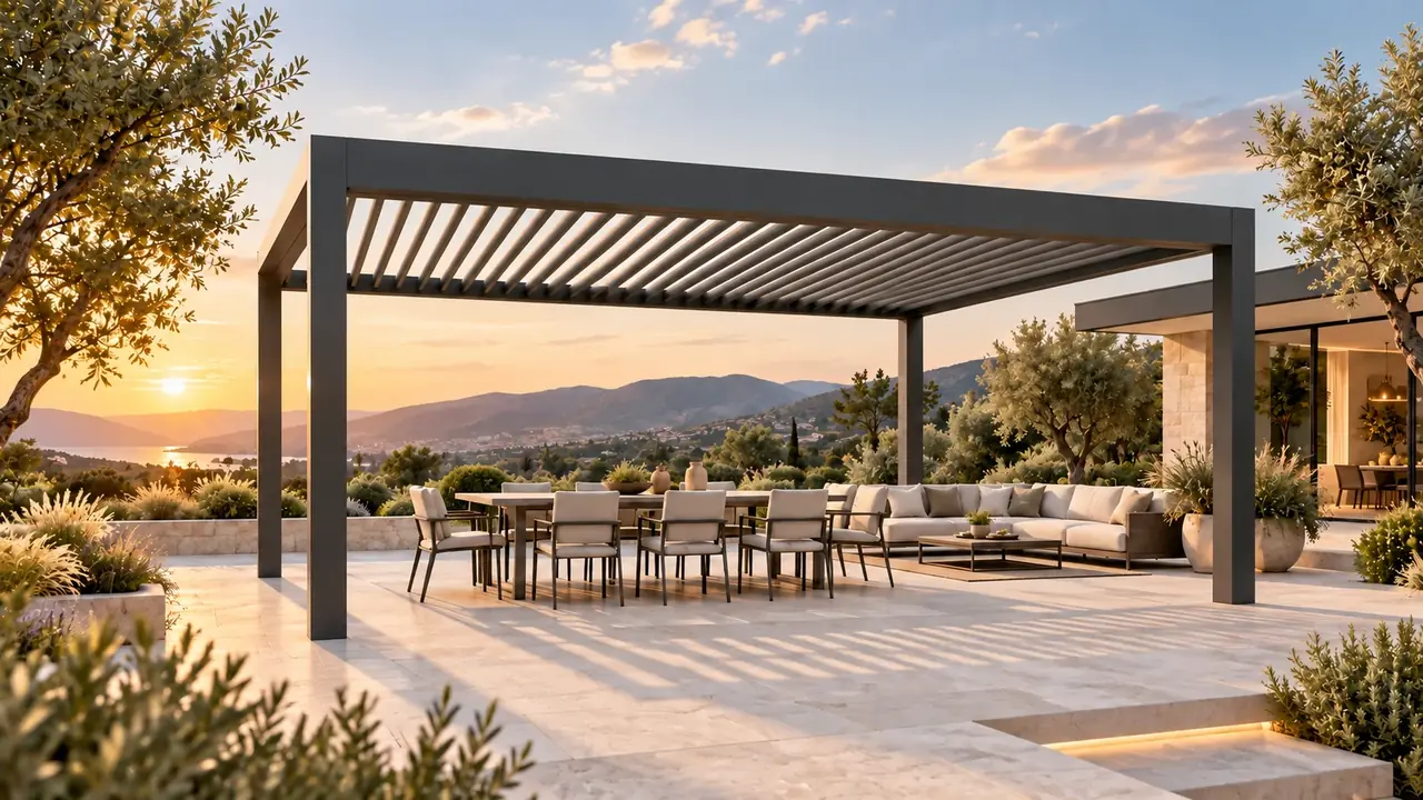 'n Deurdag ingerigte tuinterras met 'n aluminiumpergola