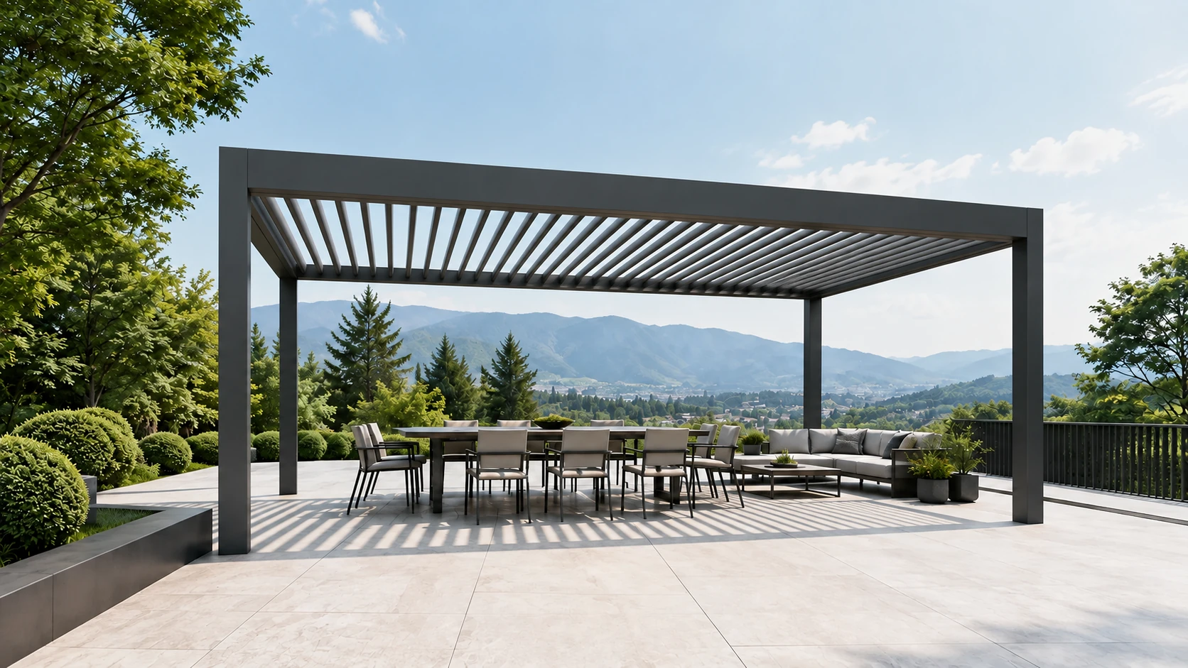 Louvered pergola with open roof blades in a sunny outdoor setting