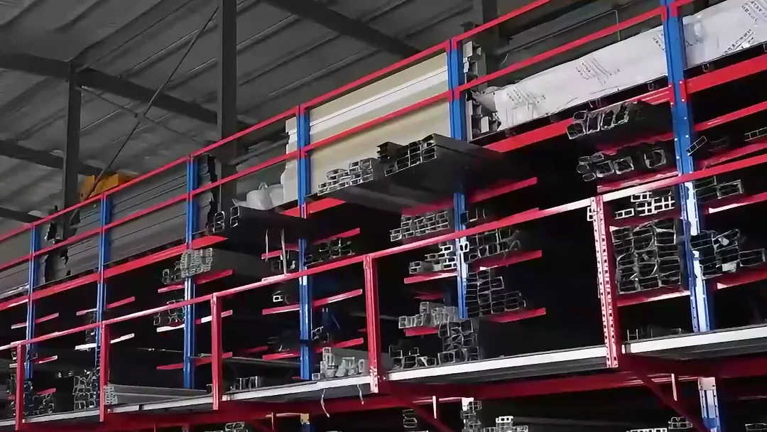 Aluminum sections arranged horizontally on workshop storage racks.