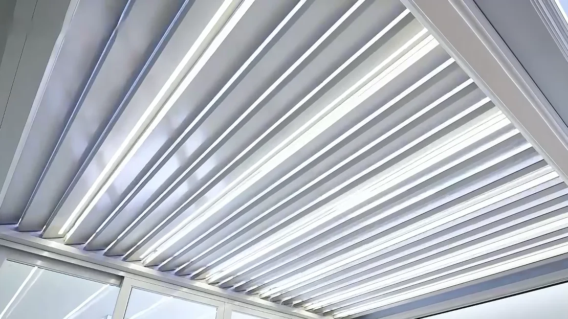 An upward view of the louvered roof in the showroom.